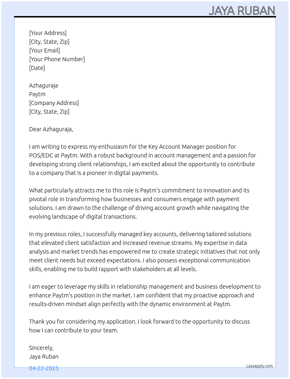 Cover letter for key account manager for pos/edc - LazyApply