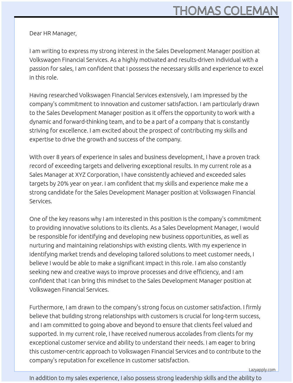 Sales Development Manager At Volkswagen Financial Services Cover Letter