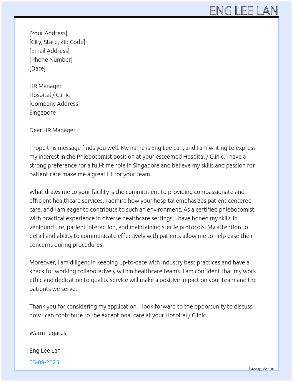 Phlebotomist  At Hospital / Clinic  Cover Letter