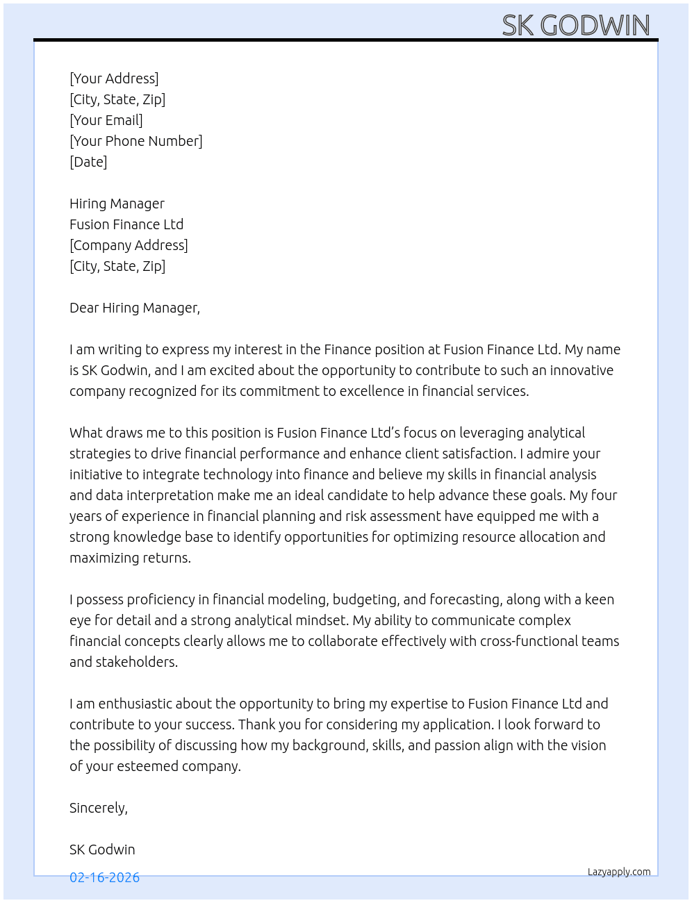 Finance  At Fusion finance Ltd  Cover Letter
