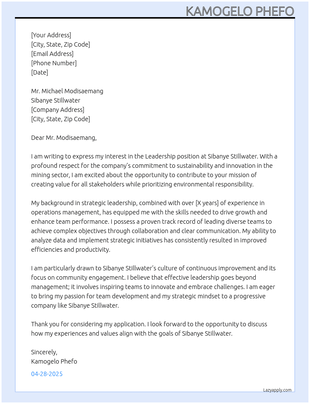 Leadership At Sibanye stillwater Cover Letter