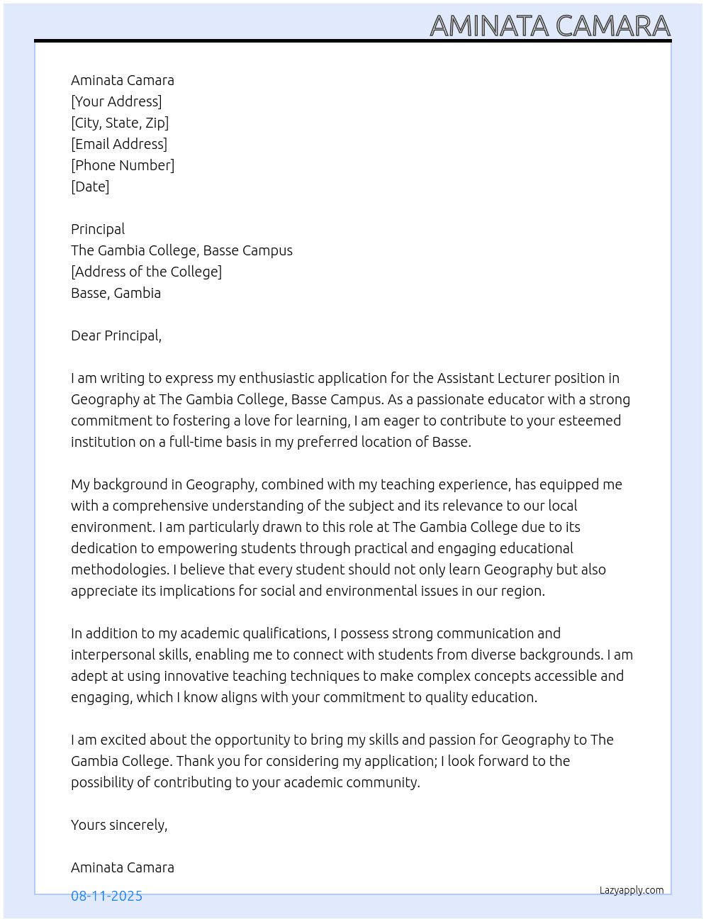 Assistant lecturer ( geography) At the Gambia college, Basse campus  Cover Letter