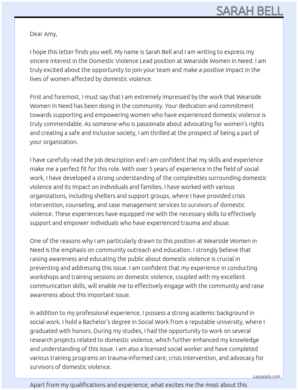 domestic violence lead At wearside women in need Cover Letter