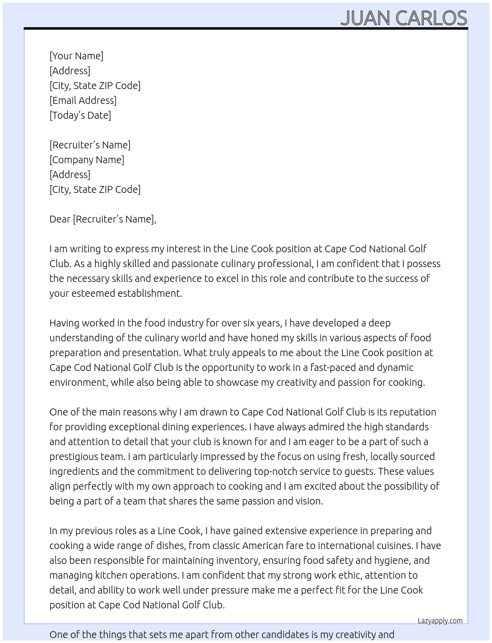 Line Cook At Cape Cod National Golf Club Cover Letter