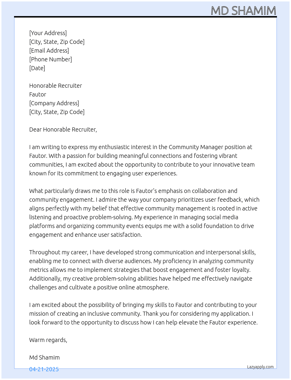 Community Manager  At Fautor Cover Letter