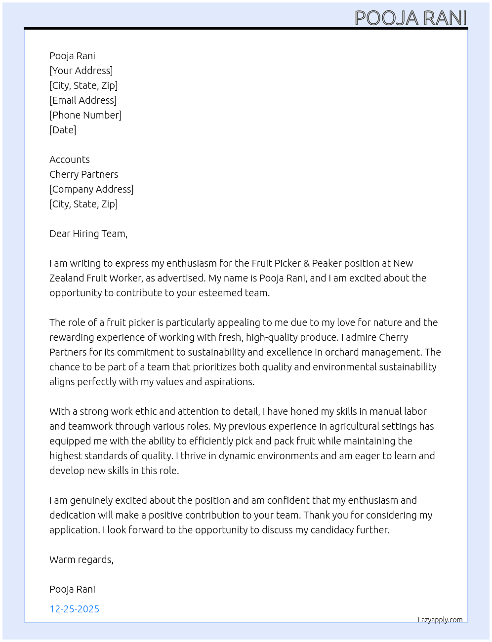 Fruit Picker & peaker  At Newzeland fruit worker  Cover Letter