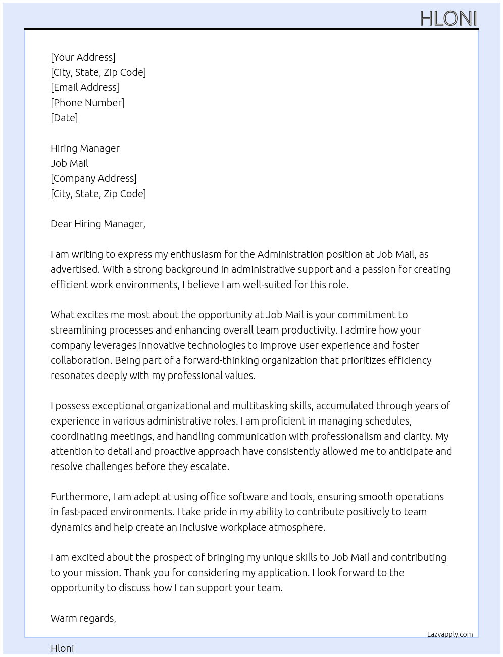Administration  At Job mail Cover Letter