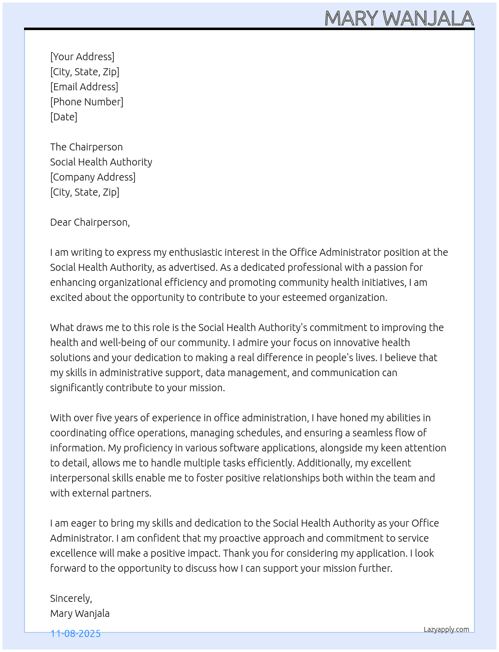 OFFICE ADMINISTRATOR At SOCIAL HEALTH AUTHORITY Cover Letter