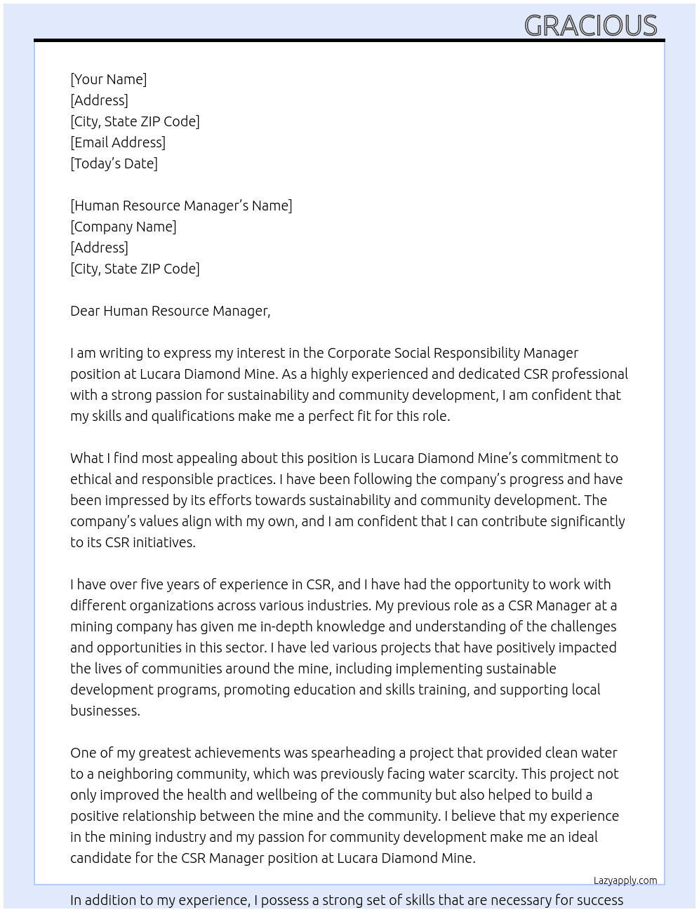 Cover letter for corporate social responsibility manager - LazyApply