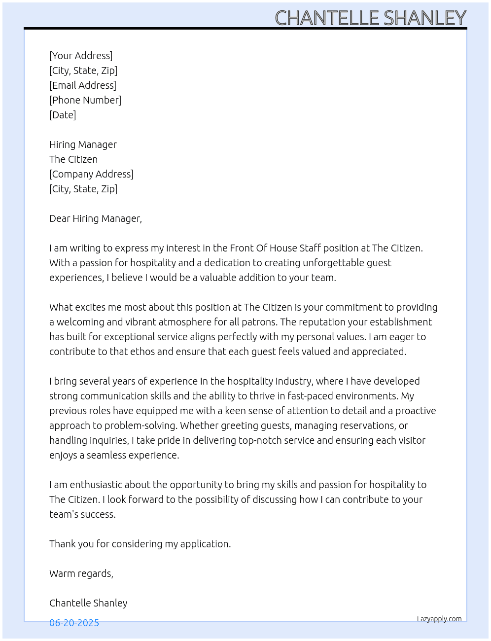 Cover letter for front of house staff - LazyApply
