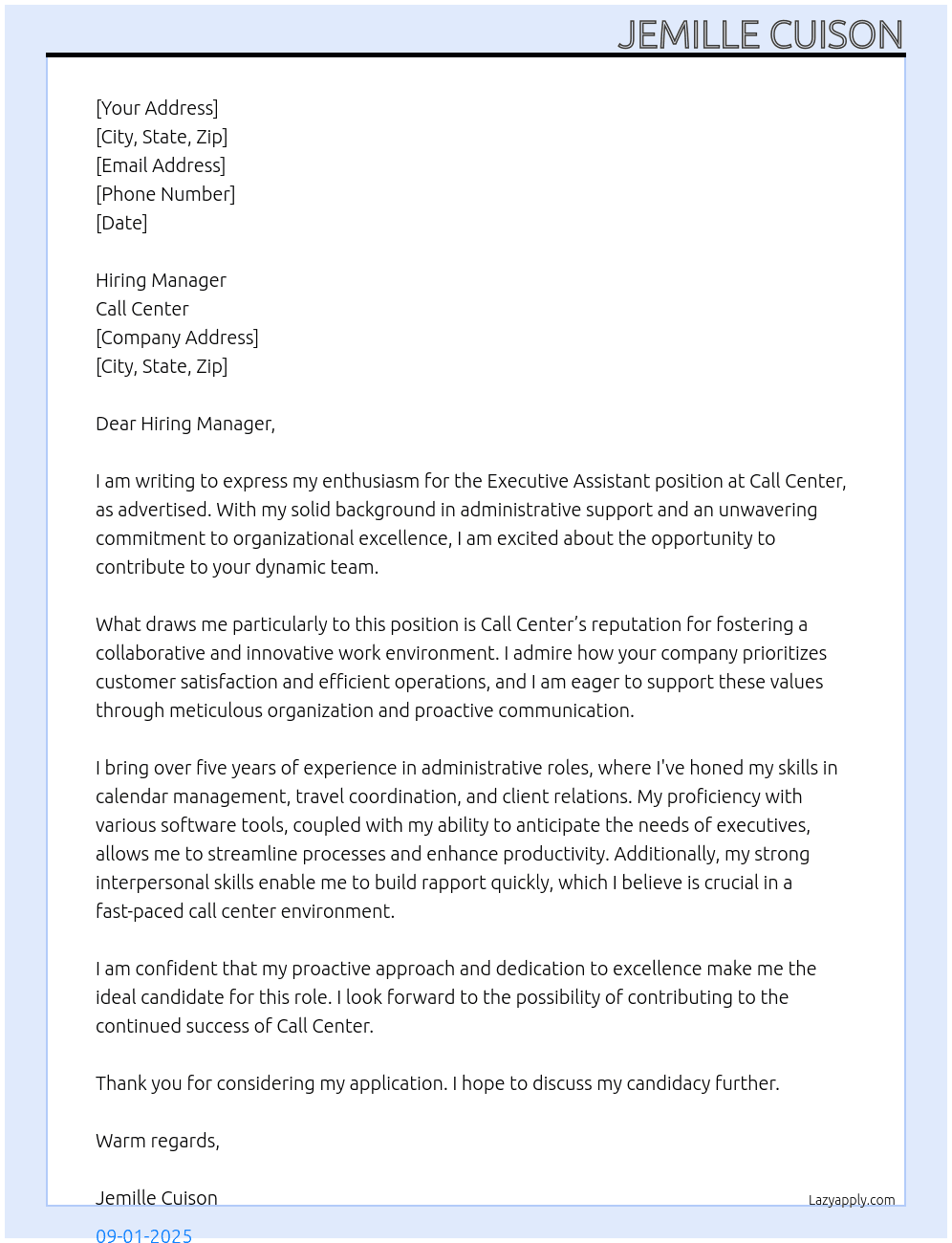 executive assistant At Call center Cover Letter