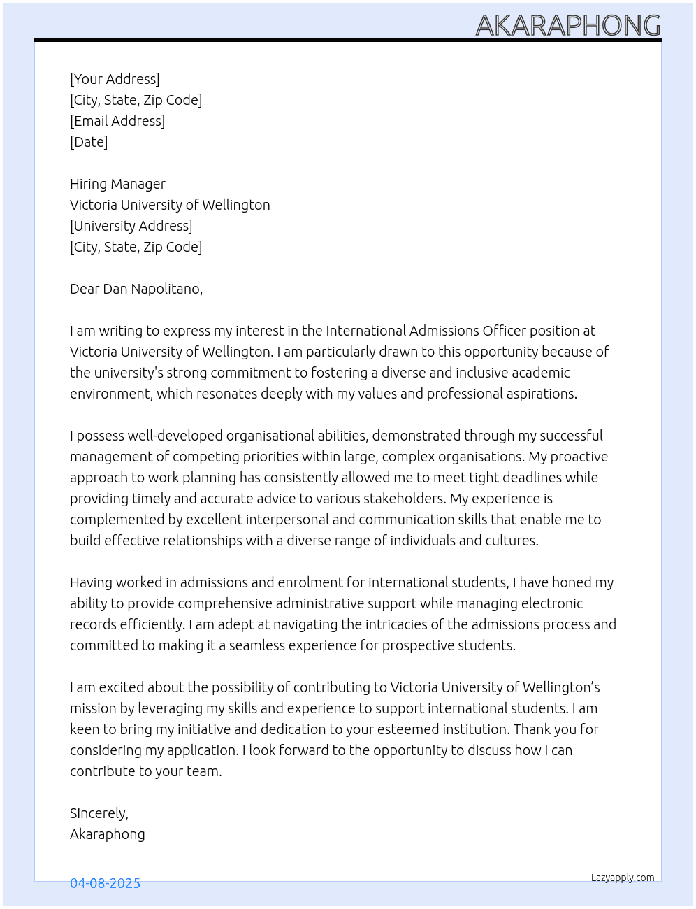International Admissions Officer At Victoria University of Wellington Cover Letter