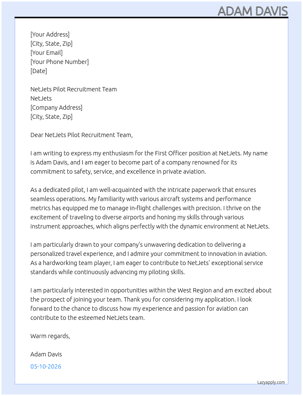 Pilot (First Officer) At NetJets Cover Letter