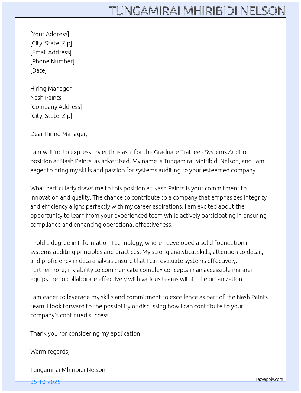 Graduate trainee- Systems Auditor At Nash Paints Cover Letter