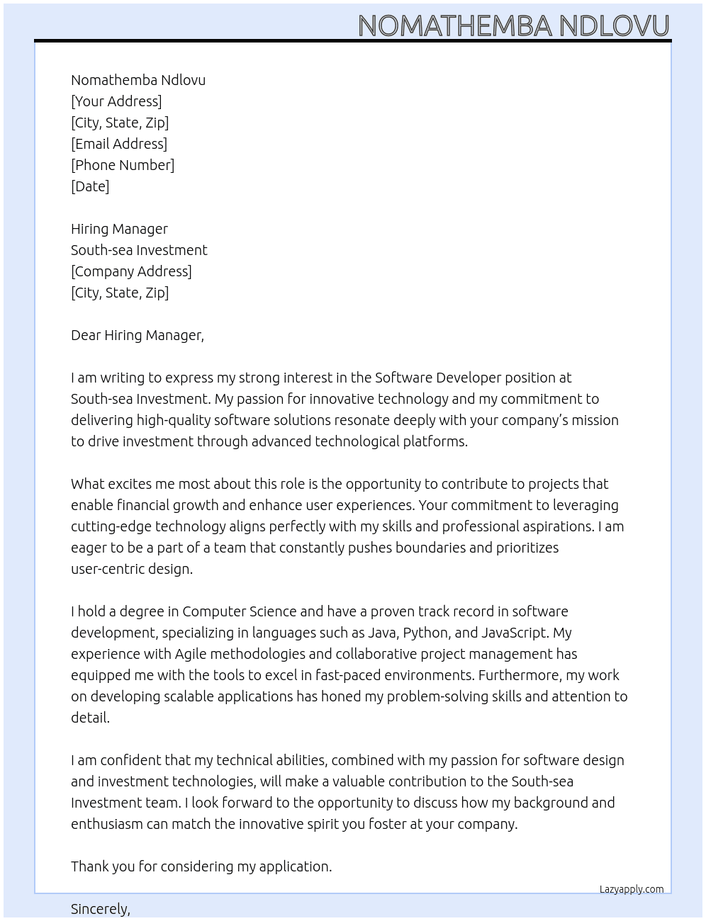 Software Developer  At South-sea Investment Cover Letter