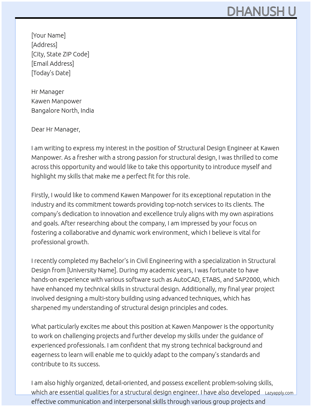 Structural Design Engineer At KAWEN MANPOWER Cover Letter