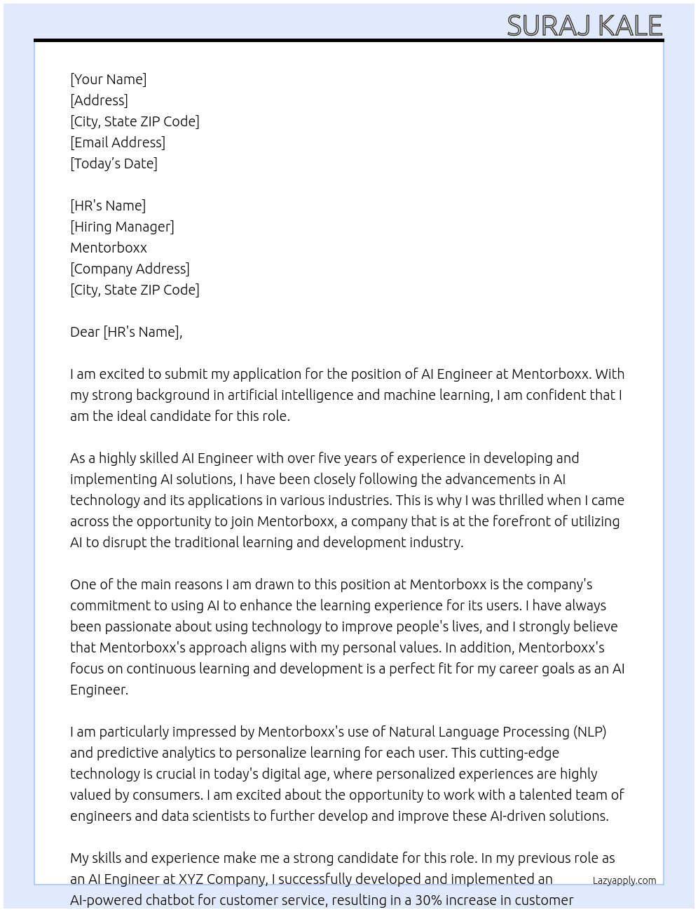 ai engineer At Mentorboxx Cover Letter