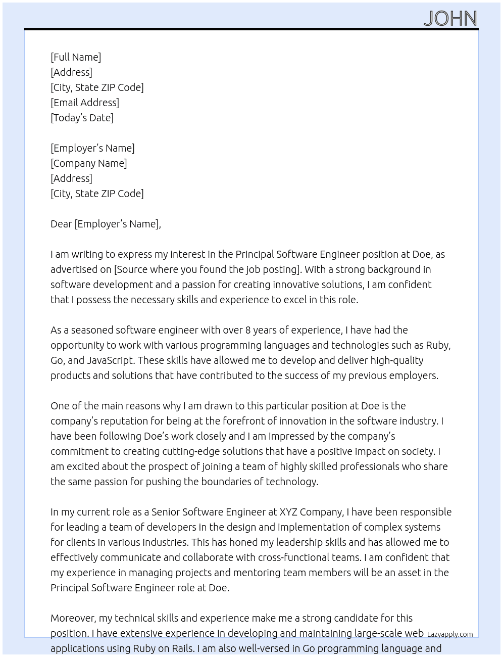 Principal Software Engineer At Doe Cover Letter