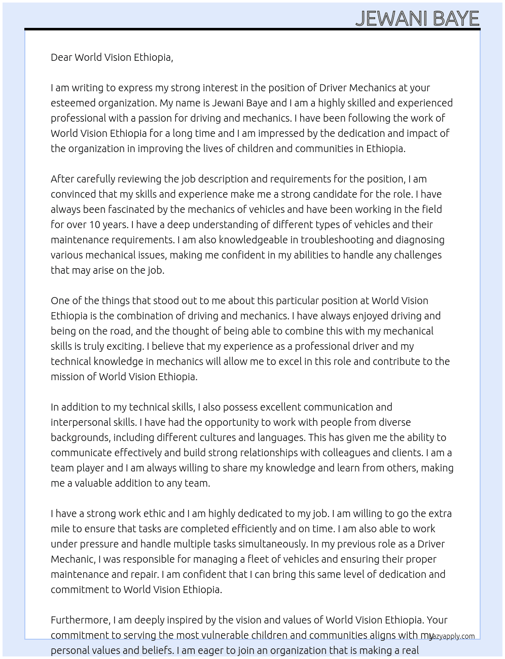 Driver Mechanics At World Vision Ethiopia Cover Letter