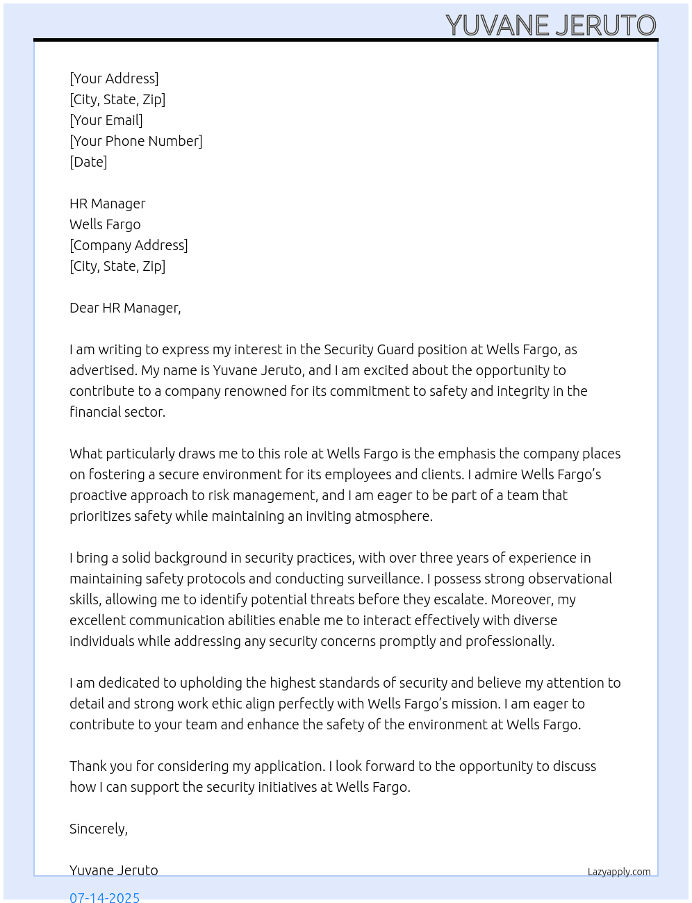 Security guard At Wells fargo Cover Letter