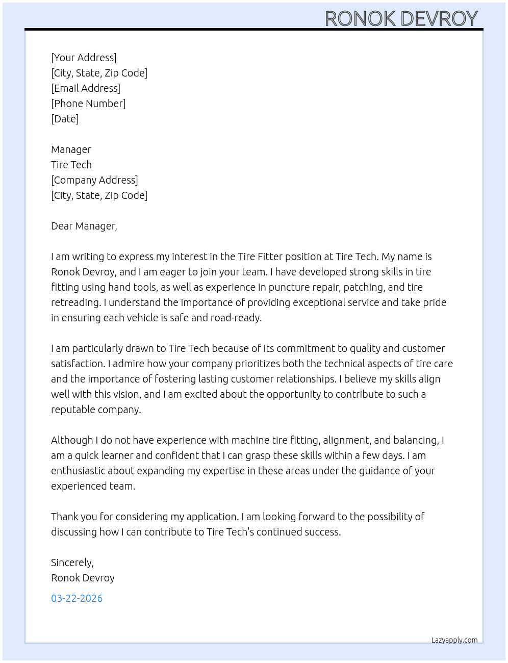 Tire fitter  At Tire tech Cover Letter