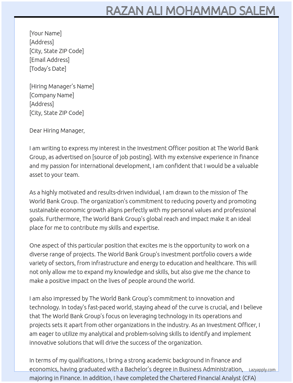 Investment officer At The world bank group  Cover Letter