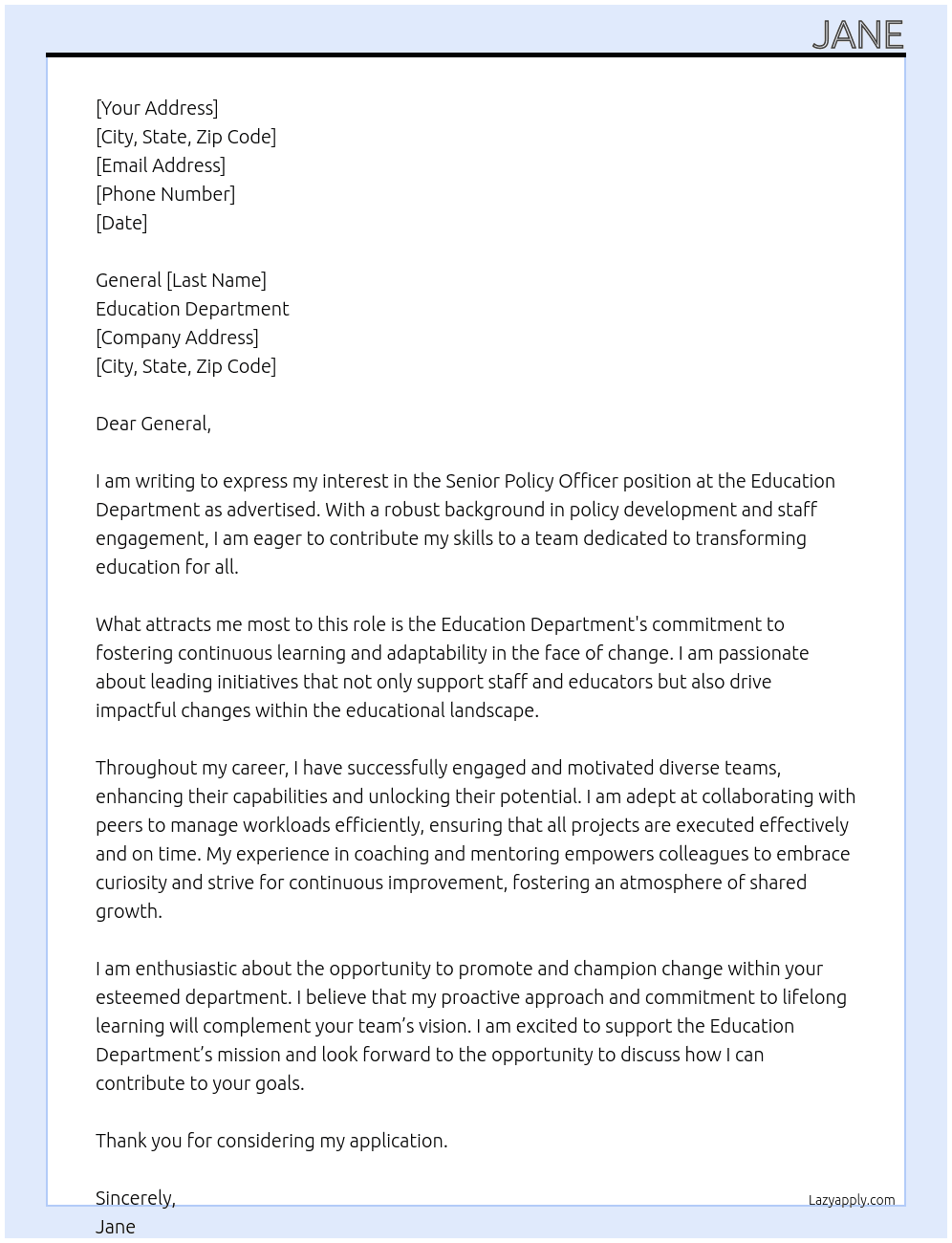 Senior Policy Officer At Education Department Cover Letter