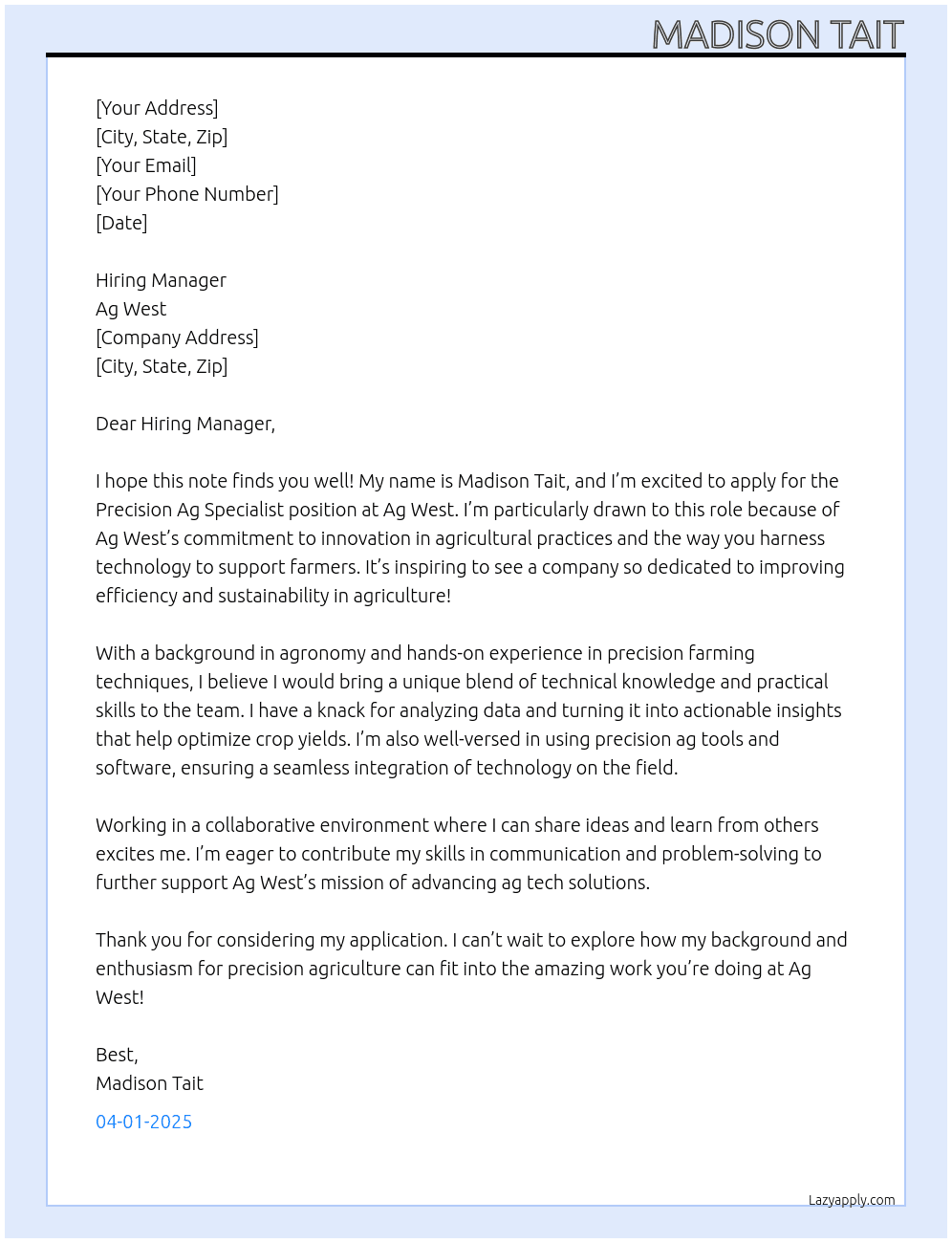 Precision Ag Specialist At Ag West Cover Letter
