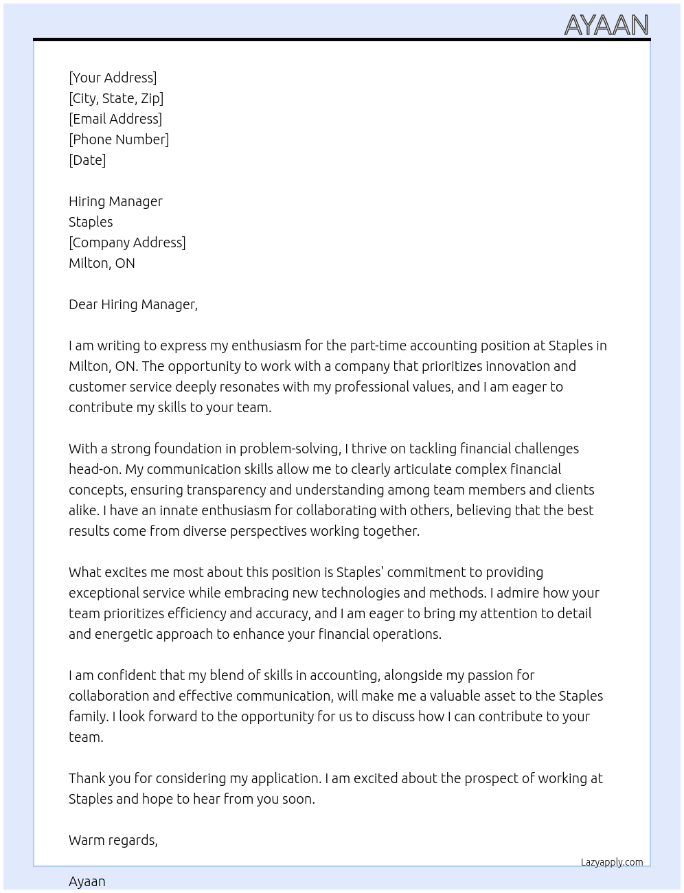 accounting At Staples Cover Letter