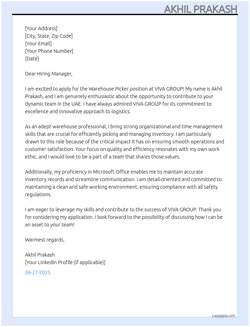 Warehouse Picker At ViVA GROUP  Cover Letter