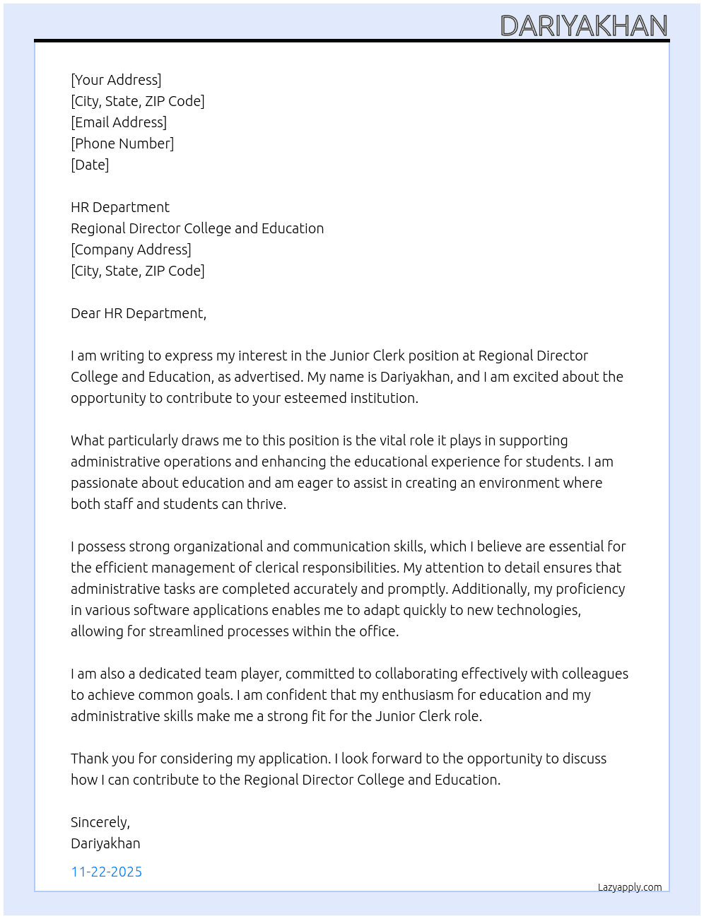 Junior clerck At Regional director collage and education Cover Letter