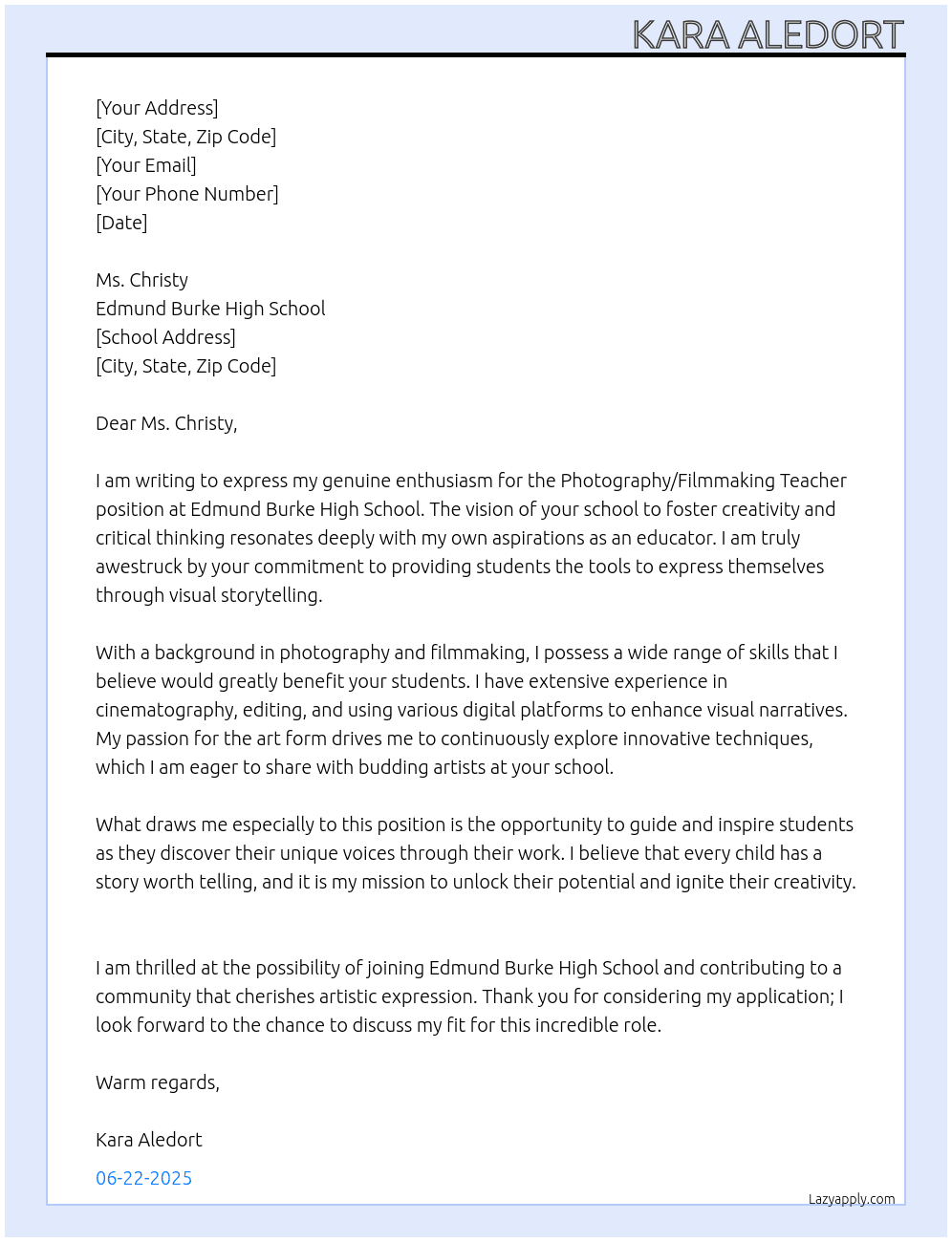 Photography/FilmmakingTeacher At Edmund Burke High School Cover Letter