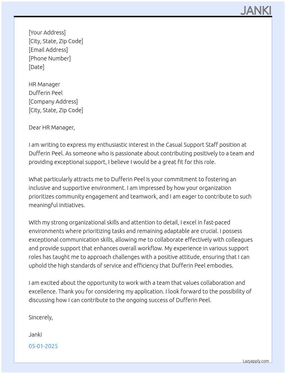 Casual support staff At DUFFRIN PEEL  Cover Letter