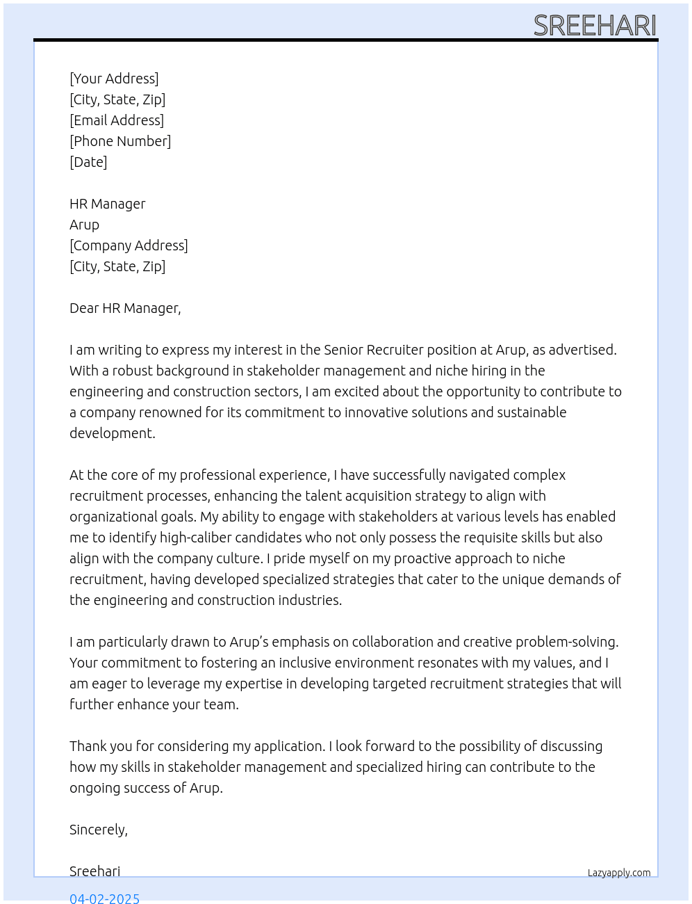 Senior recruiter At Arup Cover Letter