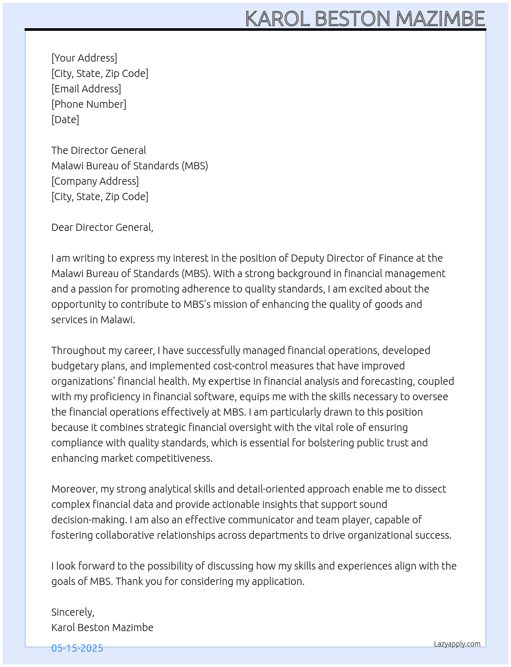 Cover letter for deputy director of finance - LazyApply