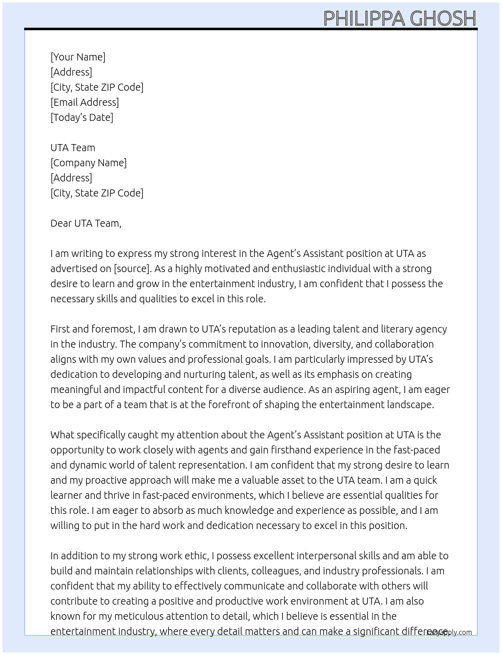 Cover letter for agent's assistant - LazyApply