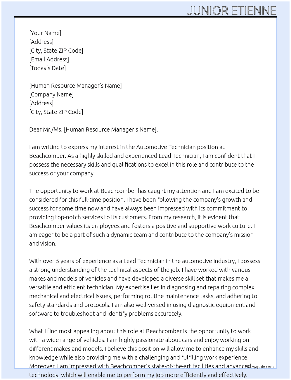 Automotive technician  At Beachcomber  Cover Letter