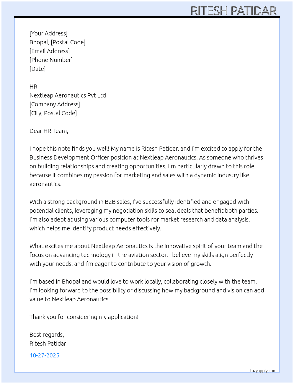 Business development officer  At Nextleap aeronautics Pvt Ltd  Cover Letter
