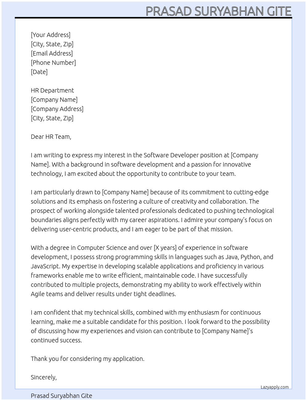 software Developer At amazon,google, apple, barclys Cover Letter