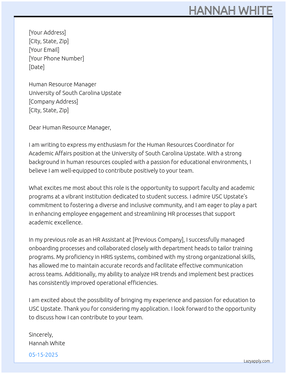 Human Resources Coordinator for Academic Affairs At University of South Carolina Upstate Cover Letter
