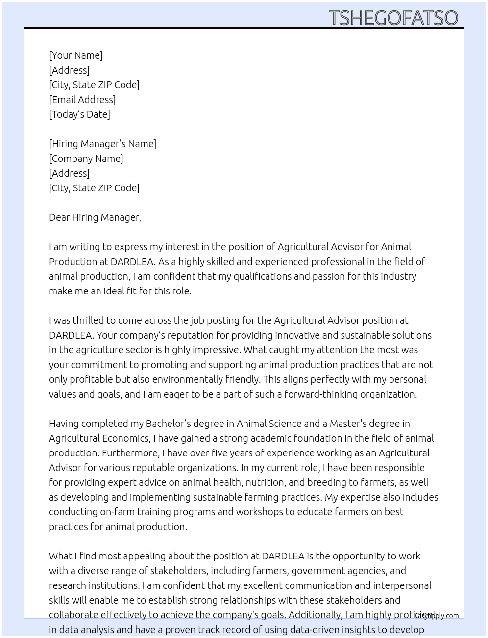 Cover letter for agricultural advisor : animal production - LazyApply