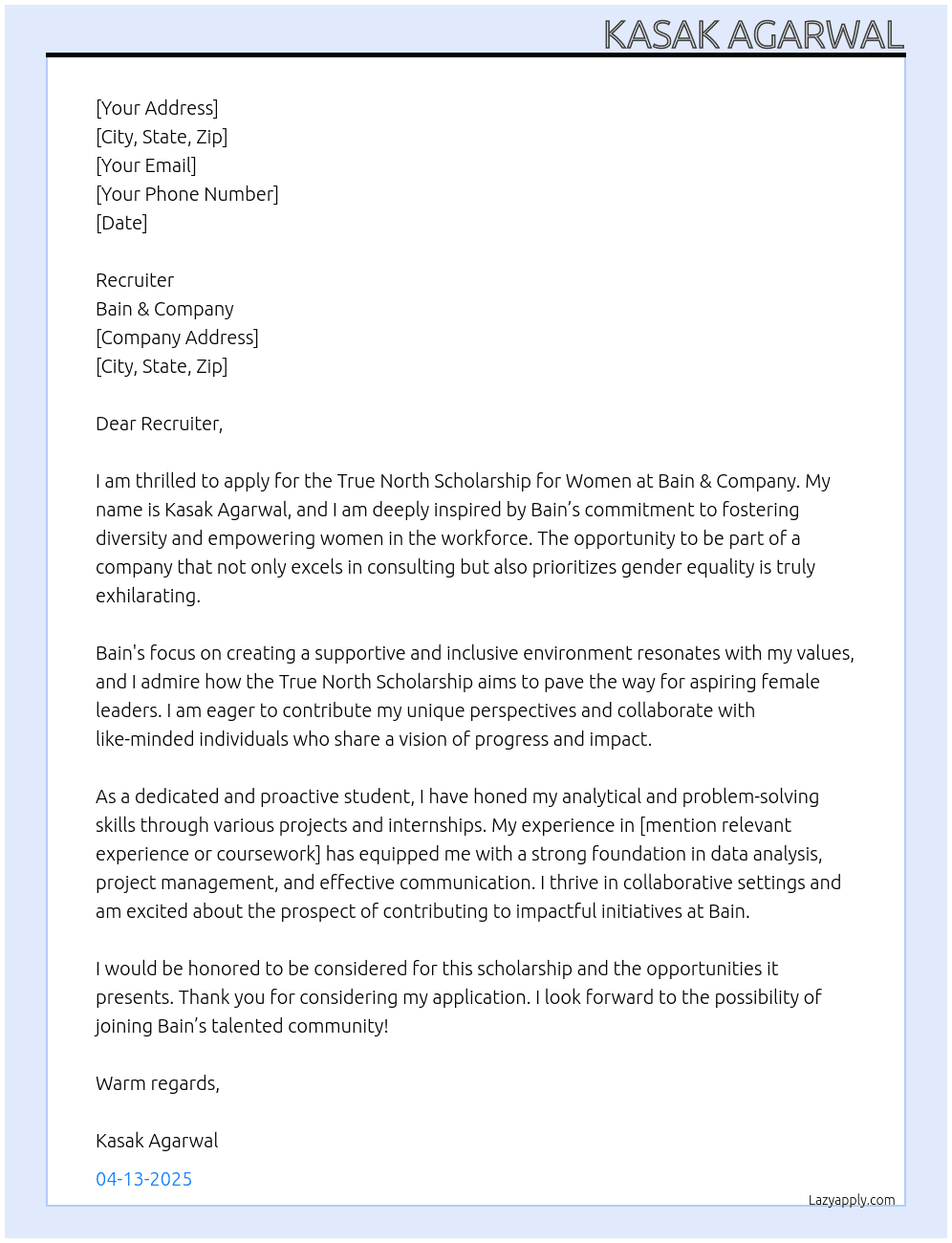 true north scholarship for women At bain Cover Letter