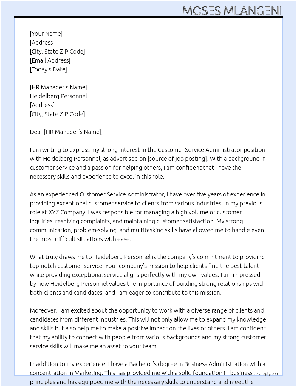  	 Helderberg Personnel Customer Service Administrator At Heidelberg Personnel  Cover Letter