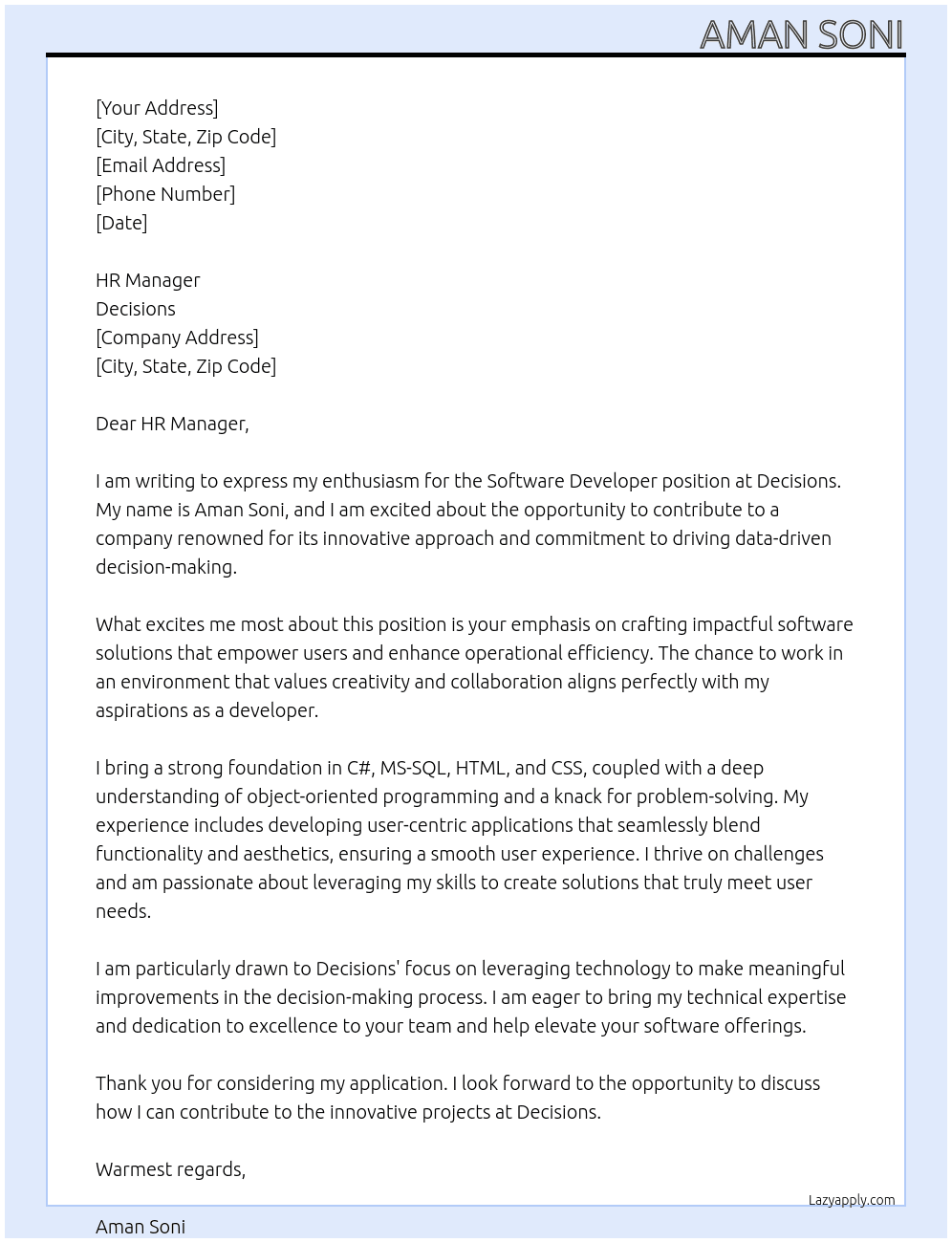 Software Developer At Decisions Cover Letter
