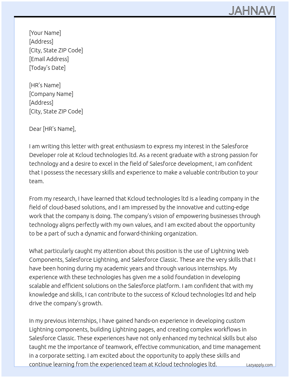Fresher At Kcloud technologies ltd  Cover Letter