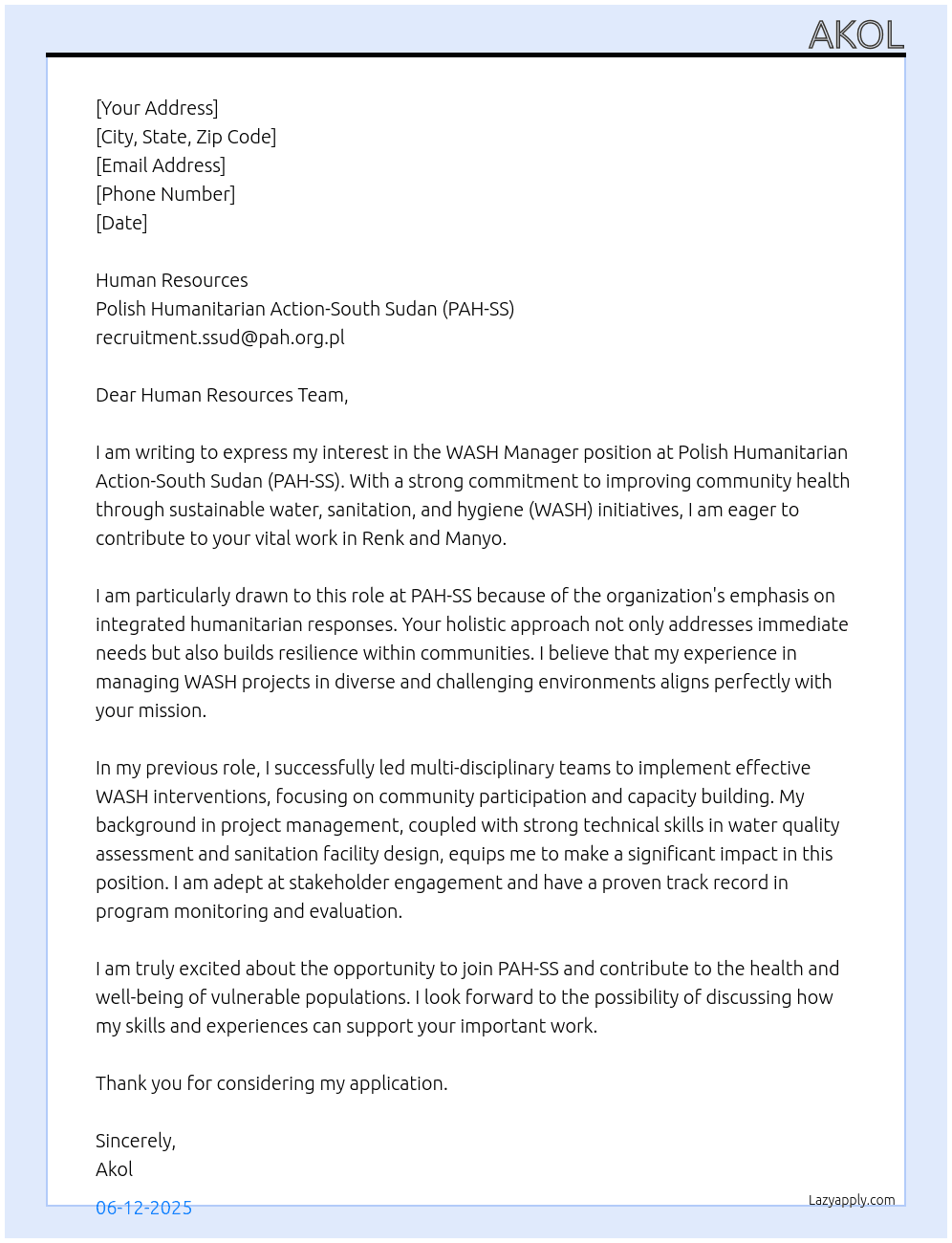 Cover letter for wash manager - LazyApply
