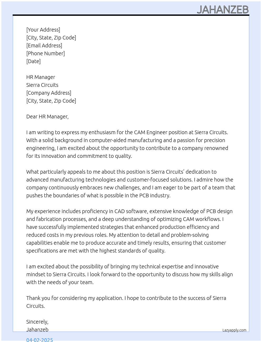 CAM Engineer At Sierra Circuits Cover Letter