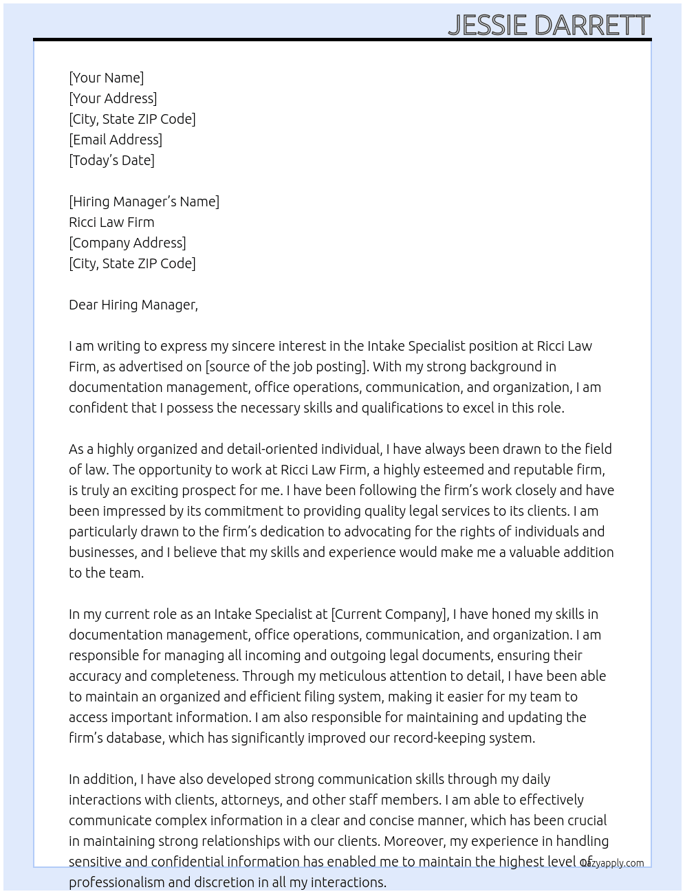 Cover letter for intake specialist - LazyApply