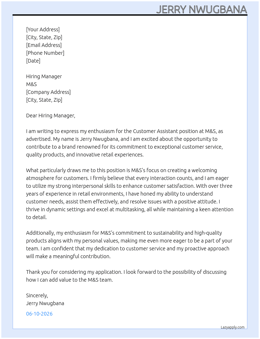 Cover letter for customer assistant - LazyApply