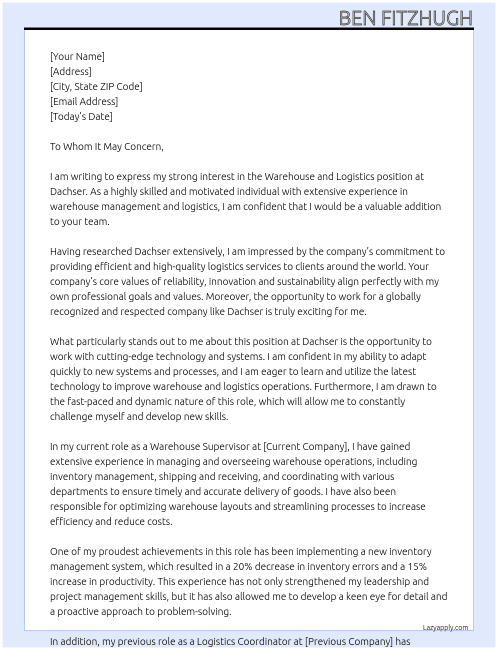Warehouse and Logistics At Dachser Cover Letter